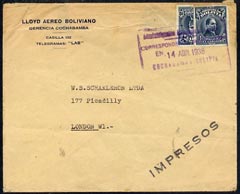 Bolivia 1938 cover to London bearing 10c plus 10c bisect with rectangular violet cancel, Argentine b/stamp