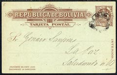 Bolivia 1898 1c brown postal stationery card (Interior) to La Paz cancelled Bolivia cds, fine, stamps on , stamps on  stamps on bolivia 1898 1c brown postal stationery card (interior) to la paz cancelled bolivia cds, stamps on  stamps on  fine