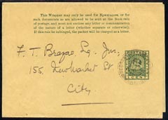 British Guiana 1c green newspaper wrapper locally used to 'City' with light cds cancel, stamps on , stamps on  stamps on british guiana 1c green newspaper wrapper locally used to 'city' with light cds cancel