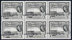 Guyana 1967-68 Independence opt on 1c (Script CA) unmounted mint block of 6 with opt misplaced (just touching perfs at left) SG 420var, stamps on 