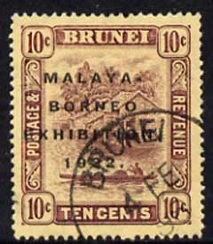 Brunei 1922 Malaya-Borneo Exhibition 10c with 'Broken N' variety cds used, SG56c cat A385, stamps on , stamps on  stamps on brunei 1922 malaya-borneo exhibition 10c with 'broken n' variety cds used, stamps on  stamps on  sg56c cat \a385