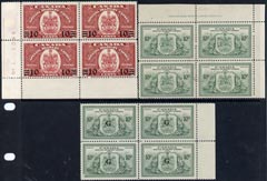 Canada 1939 10c/20c & 1946 10c Spec Del in imprint corner blocks of 4 plus 1950 10c optd G in block of 4, all blocks unused (no gum) SG S11, S15 & OS21 cat \A3158 as mint, stamps on 