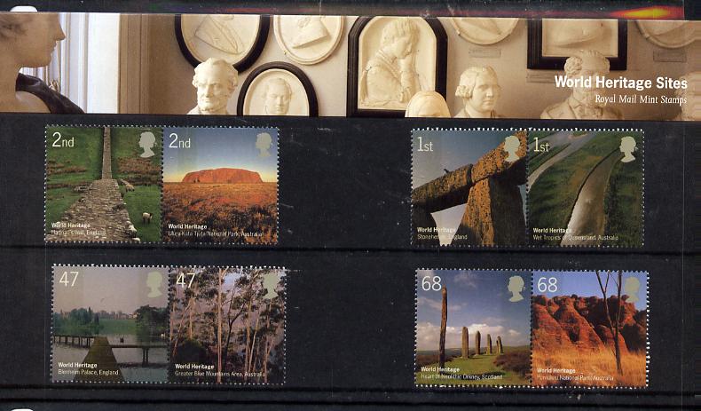 Great Britain 2005 World Heritage Sites perf set of 8 (4 se-tenant pairs) in official presentation pack unmounted mint SG 2532-39, stamps on tourism, stamps on mountains, stamps on national parks, stamps on 