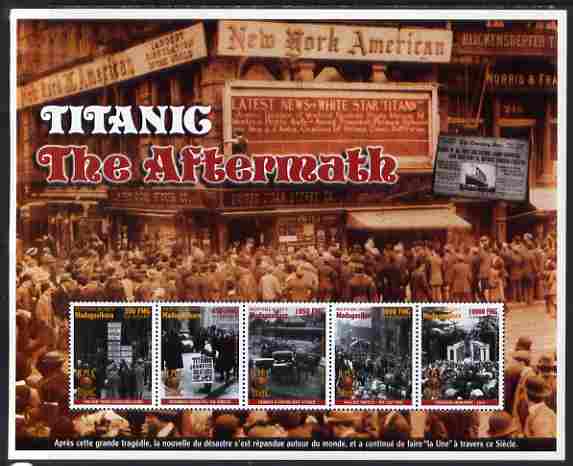 Madagascar 1998 RMS Titanic - The Aftermath perf sheetlet containing 5 values unmounted mint. Note this item is privately produced and is offered purely on its thematic appeal , stamps on ships, stamps on disasters