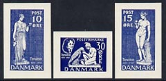 Denmark 1938 set of 3 essays for Thorvaldsen issue in blue (10, 15 & 30 ore) on ungummed paper, stamps on 