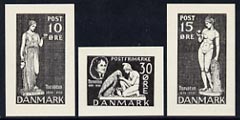 Denmark 1938 set of 3 essays for Thorvaldsen issue in black (10, 15 & 30 ore) on ungummed paper, stamps on 