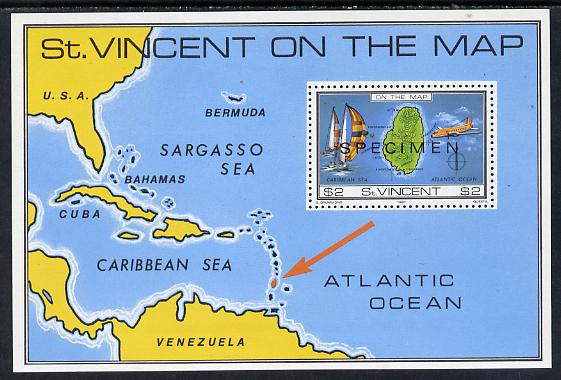 St Vincent 1980 'On the Map' m/sheet opt'd Specimen unmounted mint, as SG MS 655, stamps on , stamps on  stamps on maps