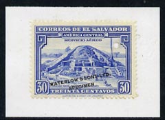 El Salvador 1944 colour trial proof of 30c Mayan Pyramid (SG936) in blue affixed to small piece overprinted Waterlow & Sons Ltd, Specimen with small security puncture, stamps on 