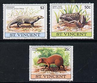 St Vincent 1979 Wildlife set of 3 (Agouti, Toad & Mongoose) optd Specimen unmounted mint, as SG 648-50 , stamps on animals    frogs