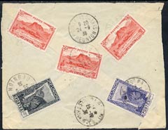 Reunion 1936 part cover bearing 10c, 15c & 3 x 50c tied POINTERAS , stamps on 