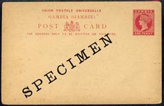 Gambia QV 1d postal stationery postcard opt'd SPECIMEN, signs of ageing, stamps on , stamps on  stamps on , stamps on  stamps on  qv , stamps on  stamps on 