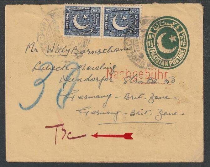 Germany - Allied Occupation 1949 underpaid p/stat env from Pakistan endorsed Nasbgeb9Fhr in red with T7c in m/s, stamps on , stamps on  stamps on germany - allied occupation 1949 underpaid p/stat env from pakistan endorsed nasbgeb\9fhr in red with t7c in m/s