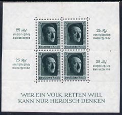 Germany 1937 Hitlerâ€™s Culture Fund m/sheet, poor gum and roulette split at top but looks okay, MS 637 cat Â£48, stamps on , stamps on dictators.