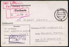 Germany 1944 postal card to Texas with boxed cachets, stamps on 