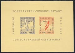 Germany 1959 Rocket mail Flight m/sheet containing 2 imperf labels for first DRG flight, unmounted mint, stamps on 