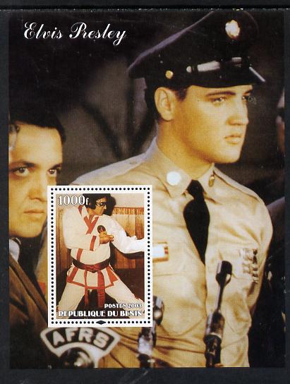 Benin 2003 Elvis Presley (in GI Uniform & Martial Arts) perf m/sheet unmounted mint. Note this item is privately produced and is offered purely on its thematic appeal, stamps on , stamps on  stamps on personalities, stamps on  stamps on elvis, stamps on  stamps on music, stamps on  stamps on films, stamps on  stamps on movies, stamps on  stamps on martial arts