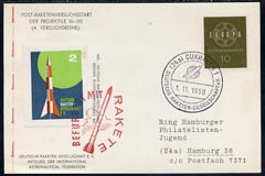 Germany 1959 Rocket mail Flight card carried on Rockets 16-20 with special label, cachet & cancel, stamps on , stamps on  stamps on germany 1959 rocket mail flight card carried on rockets 16-20 with special label, stamps on  stamps on  cachet & cancel