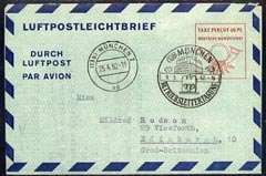 Aerogramme - Germany - West 1952 Air letter to UK with Munich cancel, stamps on , stamps on  stamps on aerogramme - germany - west 1952 air letter to uk with munich cancel