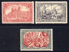 Germany 1899 Reichpost 1m, 3m & 5m unmounted mint reprints stamped Nachdruck on reverse, originals cat 45 SG62, 64 & 65, stamps on 