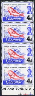 Gibraltar 1966 European Sea Angling Championships 4d unmounted mint positional strip of 4, one stamp showing ‘broken d’ variety  (Row 9/3), stamps on , stamps on  stamps on gibraltar 1966 european sea angling championships 4d unmounted mint positional strip of 4, stamps on  stamps on  one stamp showing ‘broken d’ variety  (row 9/3)