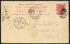 Gold Coast 1898 QV 1d p/stat card to UK with 556 cancel & Cape Coast date stamp alongside, horiz fold, stamps on , stamps on  stamps on , stamps on  stamps on  qv , stamps on  stamps on 