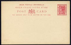 Gold Coast 1891 1d carmine postal stationery postcard unused and fine, stamps on , stamps on  stamps on gold coast 1891 1d carmine postal stationery postcard unused and fine