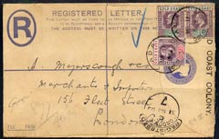Gold Coast 1905 G size reg env to London with additional 1d & 2 x 1/2d cancelled ADA, stamps on 