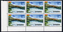 Ghana 1965 New Currency 2p on 2d Volta River unmounted mint block of 6, one stamp with variety short 1 in date\D5 R5/2 and one stamp with no stop after date R5/3, stamps on 