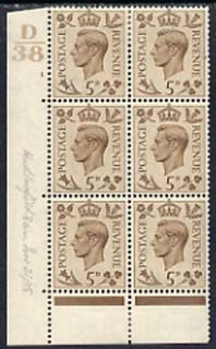 Great Britain 1937-47 KG6 5d brown cyl block of 6 D38 cyl 1, 2 stamps mounted, stamps on , stamps on  kg6 , stamps on 