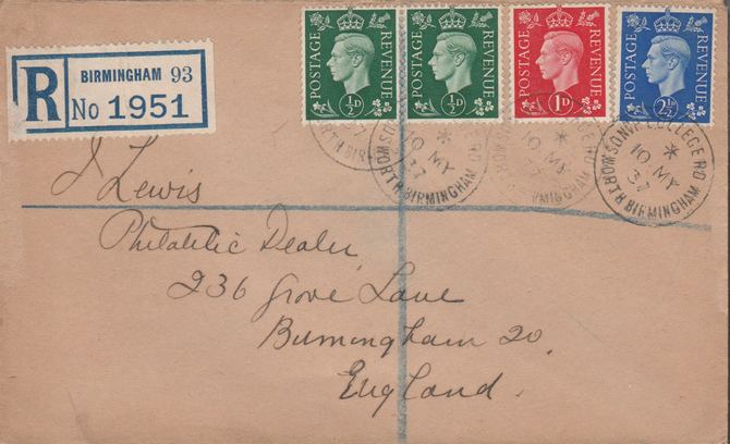 Great Britain 1937 KG6 1/2d (2), 1d & 2.5d on reg envelope with first day cancels. Note I have a small quantity of these covers so the one you receive may not be identica..., stamps on , stamps on  kg6 , stamps on 