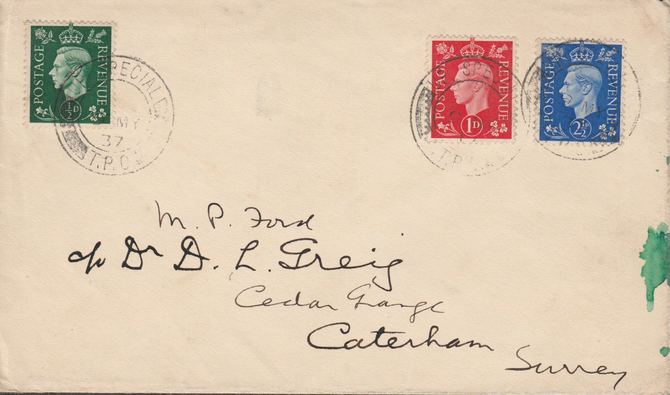 Great Britain 1937 KG6 1/2d, 1d & 2.5d on cover with clear TPO cancel of 9th May - one day before issue!, stamps on , stamps on  stamps on , stamps on  stamps on  kg6 , stamps on  stamps on 