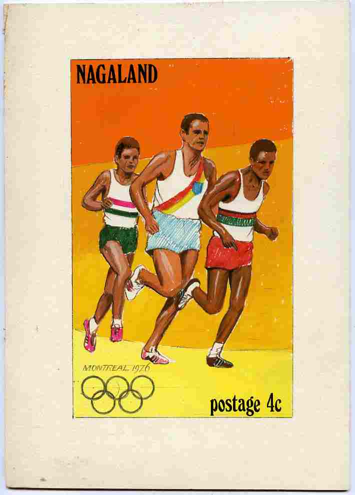 Nagaland 1976 Montreal Olympic Games - Original hand-painted artwork for 4c value showing runners (unaccepted design) on board 256 x 182 mm (image 117 x 190 mm), stamps on , stamps on  stamps on olympics, stamps on  stamps on running