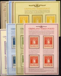 Greenland 1983 Official reprint sheetlets of the pakke-Porto issues showing printing quantities and characteristics (9 sheetlets), stamps on , stamps on  stamps on greenland 1983 official reprint sheetlets of the pakke-porto issues showing printing quantities and characteristics (9 sheetlets)