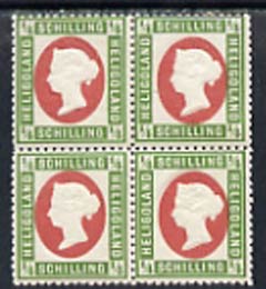 Heligoland 1869 1/4sch error of colour in mounted mint block of 4, Head die I P13.5 x 14.5, top right stamp with variety 'frame break by G' cat A3440++ SG 5a but possibly a Leipzig reprint, stamps on , stamps on  stamps on heligoland 1869 1/4sch error of colour in mounted mint block of 4, stamps on  stamps on  head die i p13.5 x 14.5, stamps on  stamps on  top right stamp with variety 'frame break by g' cat \a3440++ sg 5a but possibly a leipzig reprint