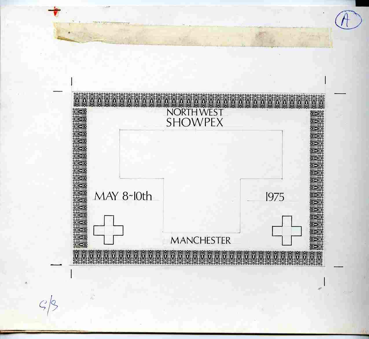 Exhibition souvenir sheet for 1975 North West Showpex - Original hand-drawn artwork for outer frame on board 230 x 192 mm (image 150 x 102 mm) with artist's rough showing initial design plus issued souvenir sheet showing Red Cross stamps, stamps on , stamps on  stamps on cinderella, stamps on  stamps on red cross, stamps on  stamps on stampon, stamps on  stamps on stamp on stamp, stamps on  stamps on 