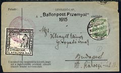 Hungary 1925 Balloon Flight - copy of Feldpost letter sheet with 'Ballonpost Przemyst/ 1915' in black bearing 200k green plus Balloon post label tied with special cachet in red, reproduced in 1925 for Philatelic Day, stamps on , stamps on  stamps on hungary 1925 balloon flight - copy of feldpost letter sheet with 'ballonpost przemyst/ 1915' in black bearing 200k green plus balloon post label tied with special cachet in red, stamps on  stamps on  reproduced in 1925 for philatelic day