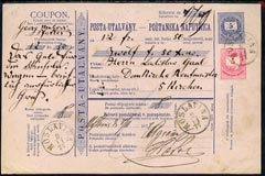 Hungary 1877 5k Blue Postal Declaration card from Moslavina to Pecs bearing additional 5k carmine-rose (tied cds), stamps on , stamps on  stamps on hungary 1877 5k blue postal declaration card from moslavina to pecs bearing additional 5k carmine-rose (tied cds)