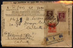 India 1948 registered OHMS cover with economy slip for re-use, stamps on 