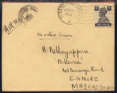 India 1941 Airmail On Active Service cover to Madras, boxed censor on back, stamps on , stamps on  stamps on india 1941 airmail on active service cover to madras, stamps on  stamps on  boxed censor on back