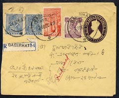 India 1949 postal stationery env with additional adhesives registered from BASIRHAT marked Refused\D5, stamps on 