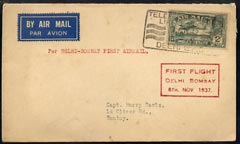 India 1937 First Flight cover Delhi to Bombay, stamps on 