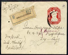 India 1953 postal stationery env registered from Shugudanga marked D4RefusedD5, stamps on , stamps on  stamps on india 1953 postal stationery env registered from shugudanga marked \d4refused\d5