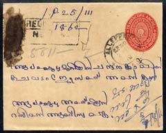 Indian States - Travancore 3/4ch red p/stat env reg used with additional 1ch & 2ch on reverse, cancelled Alleppey, stamps on 