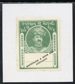 Indian States - Morvi 1940's colour trial proof of undenominated Revenue stamp in green fixed to piece overprinted 'Waterlow & Sons Ltd, Specimen' with security puncture, stamps on , stamps on  stamps on indian states - morvi 1940's colour trial proof of undenominated revenue stamp in green fixed to piece overprinted 'waterlow & sons ltd, stamps on  stamps on  specimen' with security puncture