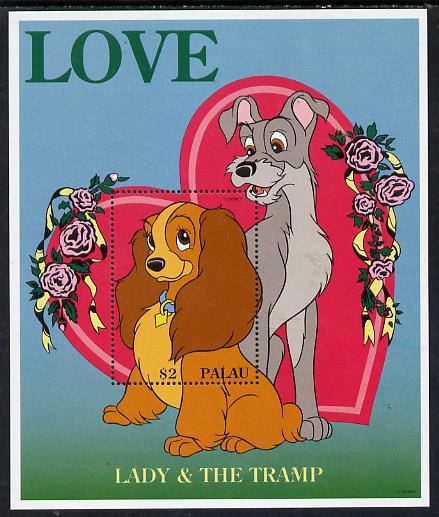 Palau 1996 Disney Sweethearts $2 m/sheet (Lady & The Tramp) unmounted mint, stamps on , stamps on  stamps on disney, stamps on films, stamps on cinema, stamps on love, stamps on dogs