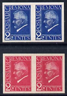 Italy 1920 (circa) Printers trial  for the Victory-Kidden machine depicting profile of man insc Posta Di/Cremona/ 2 Centes imperf pairs in red & blue, fine, stamps on 