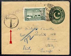 Italy 1951 p/stat env from Pakistan with Circle T tax mark & c/72 in blue crayon (Postage Due), stamps on , stamps on  stamps on italy 1951 p/stat env from pakistan with circle t tax mark & c/72 in blue crayon (postage due)