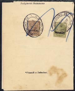Jamaica 1909 part document (Plaint & Minute Book) bearing QV 3d & 2d each overprinted JUDICIAL with St Catherine RM Court cancel, stamps on , stamps on  stamps on , stamps on  stamps on  qv , stamps on  stamps on 