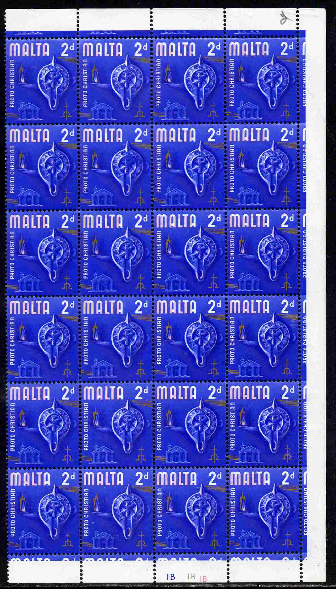 Malta 1965-70 Historical def 2d block of 24 (with cyl numbers) showing a fine misplacement of the pink unmounted mint , stamps on , stamps on  stamps on malta 1965-70 historical def 2d block of 24 (with cyl numbers) showing a fine misplacement of the pink unmounted mint 