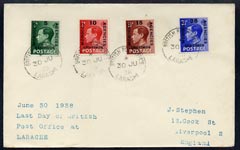 Morocco Agencies - Spanish Currency 1938 cover to UK bearing KE8 set of 4 cancelled Larache 30 June - the last day this PO was in operation, stamps on 